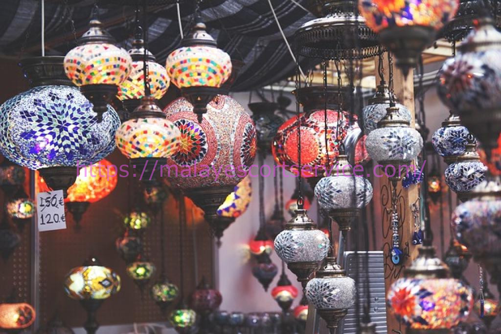 Colorful mosaic lamps hanging in a market