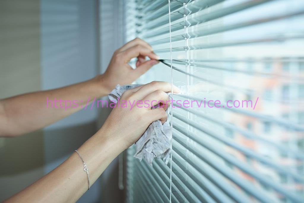 Person cleaning window blinds with a cloth