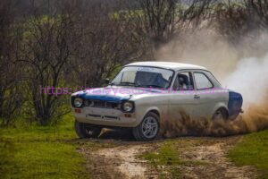 Ford Escort rally car kicking up dust on a dirt track.