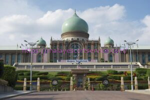 Majestic view of the Perdana Putra building in Putrajaya, Malaysia.