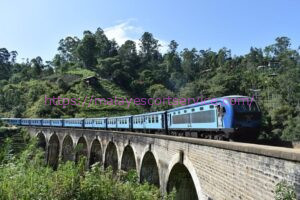 Train crossing a stone bridge in Sri Lanka