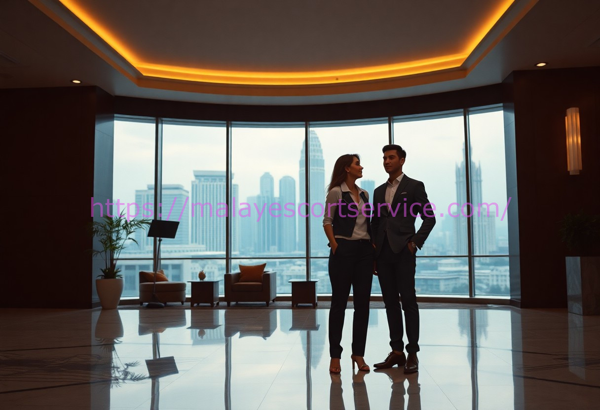 Business professionals stand in a modern lobby, gazing at a city view.