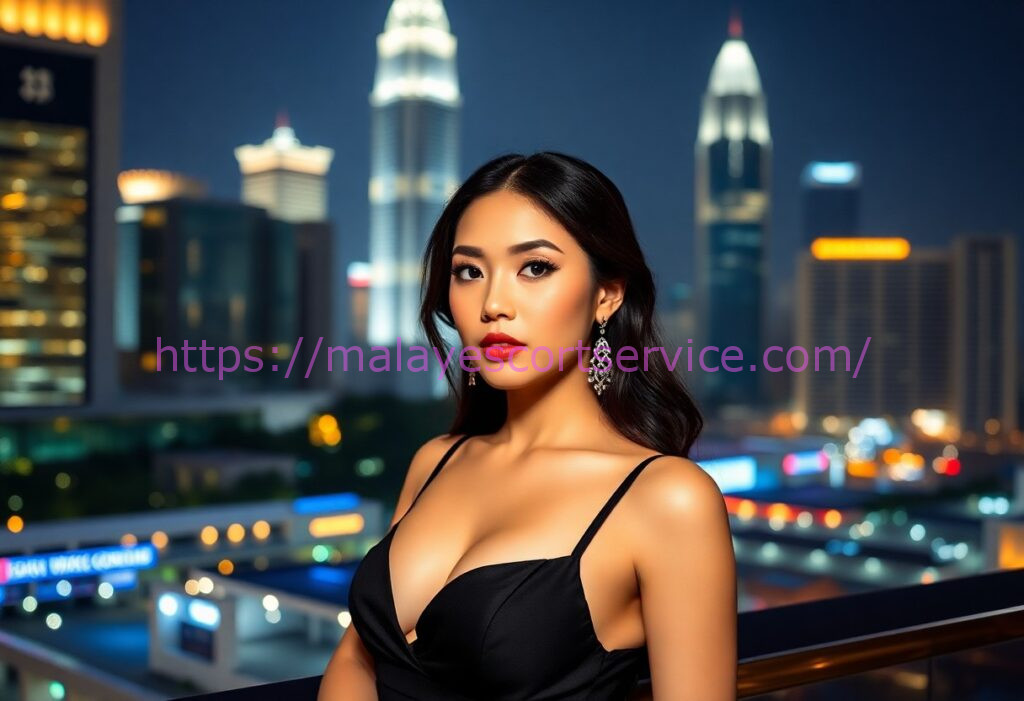Attractive young woman in black dress against city lights
