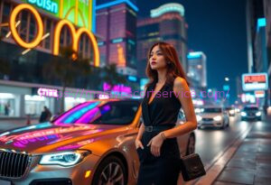 Stylish woman in black dress stands near a luxury car in a vibrant city at night.