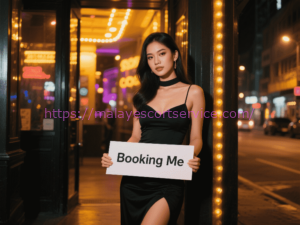Woman in black dress holding a sign that says "Booking Me