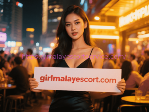 Attractive woman holding sign: girlmalayescort.com. Premium escort services in KL & PJ.