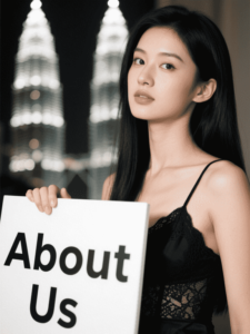 Woman holding a sign that says "About Us