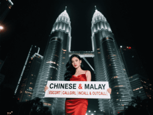 Woman in red dress holding sign: "Chinese & Malay | Escort | Callgirl | Incall & Outcall" in front of Petronas Towers.