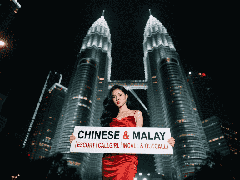 Woman in red dress holding sign: "Chinese & Malay | Escort | Callgirl | Incall & Outcall" in front of Petronas Towers.