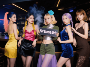 Five women in stylish dresses pose for a photo. "Hot Escort Girls" sign is held by one.