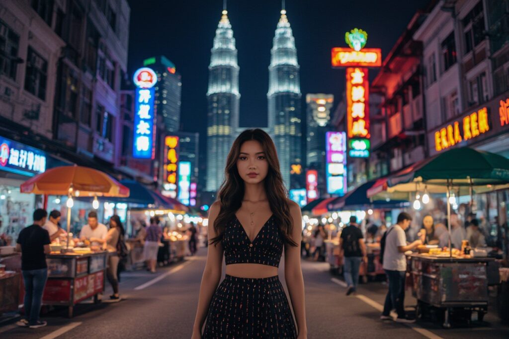 Young woman in stylish outfit stands in Kuala Lumpur's vibrant night market, Petronas Towers in background.